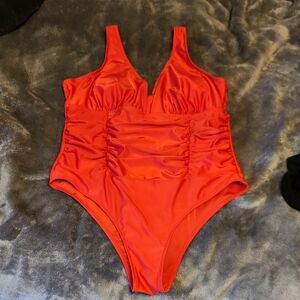Womens XL Red V Neck One Piece Swim Suit